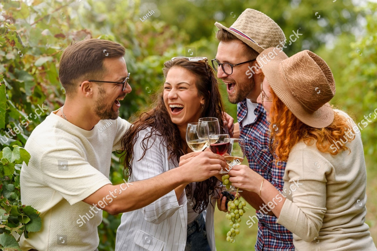 two couples enjoying a glass of wine